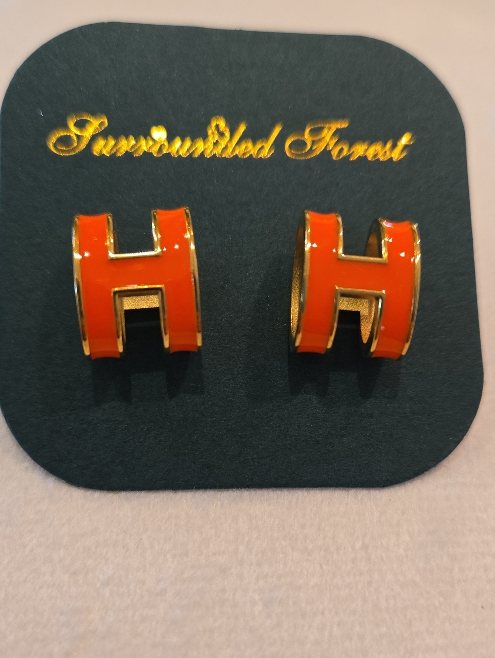 Surrounded Forest Orange 'H' Hoop Earrings - Gold Accent